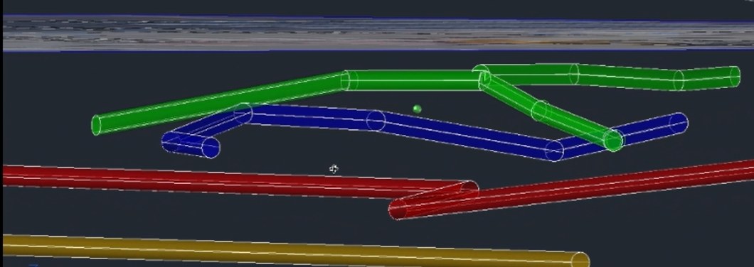探査結果の簡易的な3D図面。地表面の下に、色分けされた複数の埋設管・ケーブルが立体的に表示されている